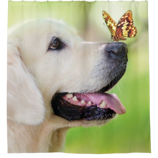 Labrador And Butterfly Throw Pillow Shower Curtain (Front)