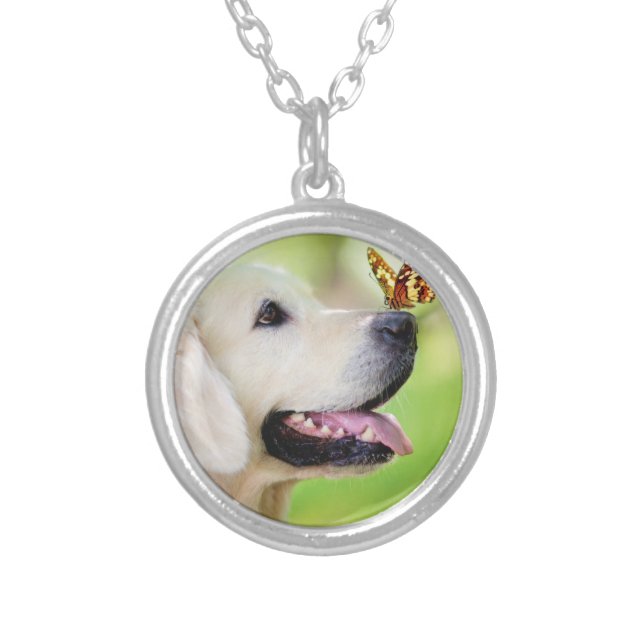 Labrador And Butterfly Throw Pillow Silver Plated Necklace (Front)