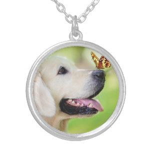 Labrador And Butterfly Throw Pillow Silver Plated Necklace