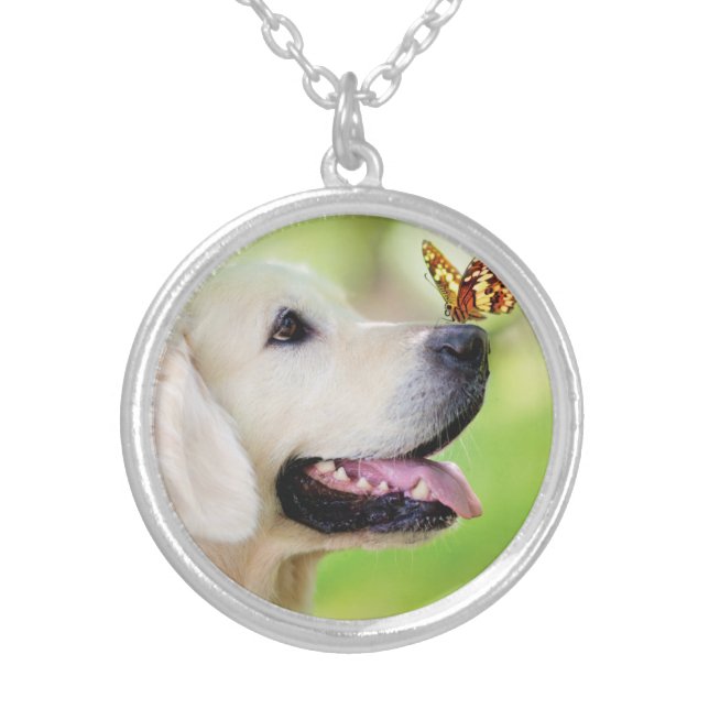 Labrador And Butterfly Throw Pillow Silver Plated Necklace (Front)