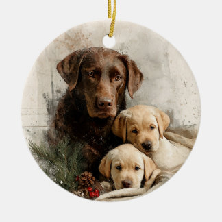 Labrador and Puppies Vintage Christmas Ceramic Ornament