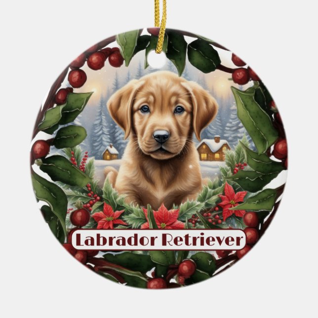 Labrador Christmas, Personalize Puppy Holiday  Ceramic Ornament (Front)