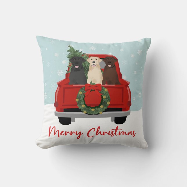 Labrador Christmas Truck Throw Pillow (Front)