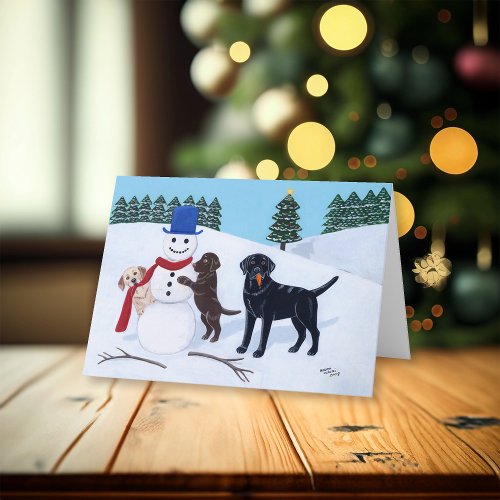 Labrador Christmas with Snowman Holiday Card