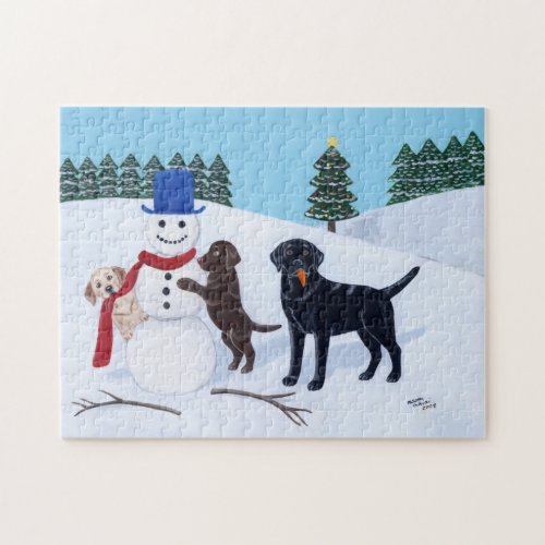 Labrador Christmas with Snowman Jigsaw Puzzle