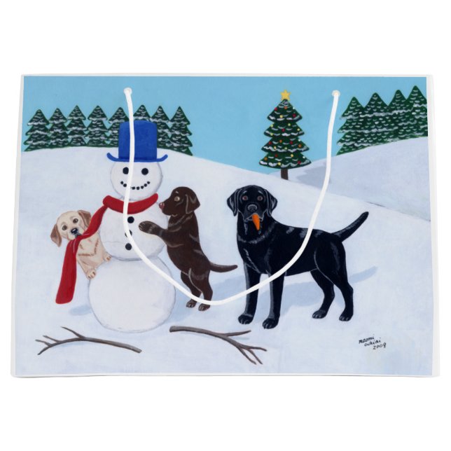 Labrador Christmas with Snowman Large Gift Bag (Front)