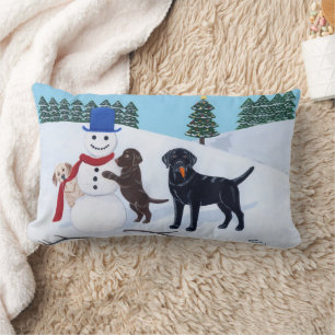 Labrador Christmas with Snowman Lumbar Pillow
