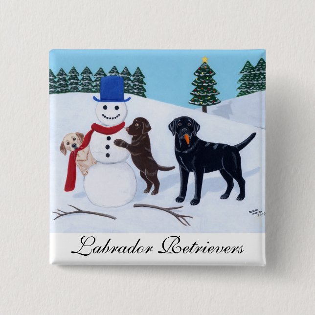 Labrador Christmas with Snowman Pinback Button (Front)