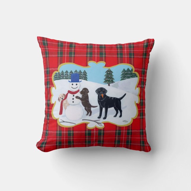 Labrador Christmas with Snowman Throw Pillow (Front)