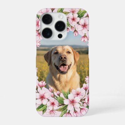 Labrador custom photo with cherry blossom wreath iPhone 16 pro case