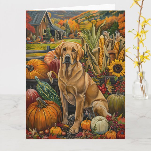Labrador Dog Autumn Harvest Thanksgiving Card (Yellow Flower)