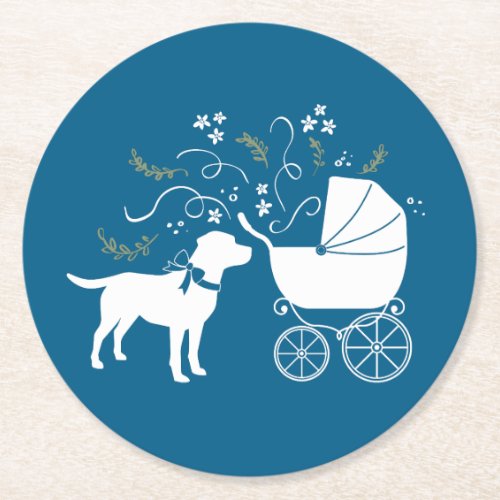 Labrador Dog Baby Shower Blue Boy Lab Round Paper Coaster