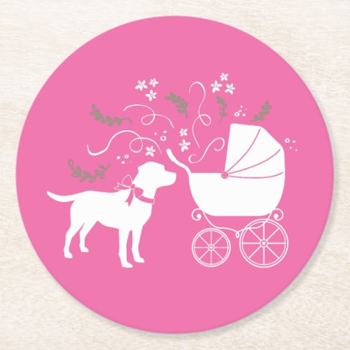 Labrador Dog Baby Shower Pink Girl Lab Round Paper Coaster