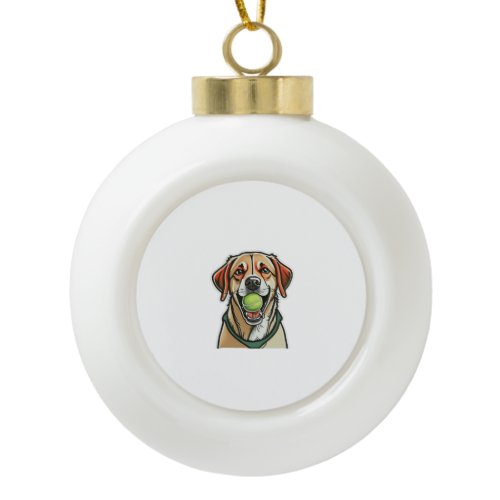 Labrador dog biting tennis ball in his mouth Class Ceramic Ball Christmas Ornament