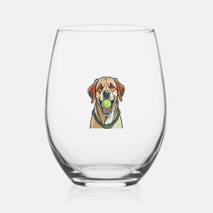 Labrador dog biting tennis ball in his mouth Class Stemless Wine Glass