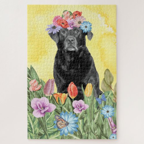 Labrador Dog Flowers Jigsaw Puzzle