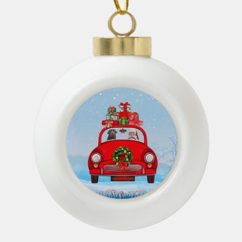 Labrador Dog In Car With Santa Claus Ceramic Ball Christmas Ornament