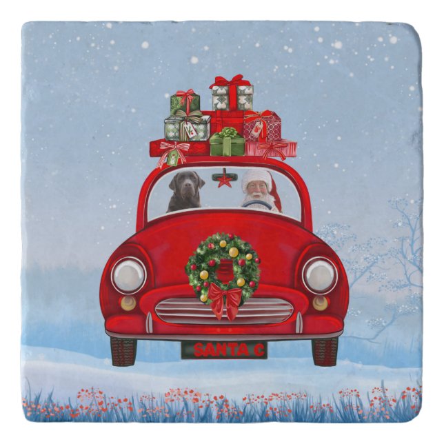 Labrador Dog In Car With Santa Claus  Trivet (Front)
