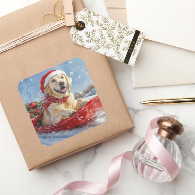 Labrador Dog in Sledge Let it Snow Christmas Square Sticker (Gifting)