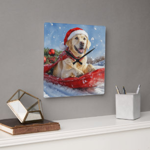 Labrador Dog in Sledge Let it Snow Christmas Square Wall Clock
