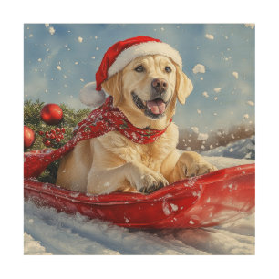 Labrador Dog in Sledge Let it Snow Christmas Wood Wall Art