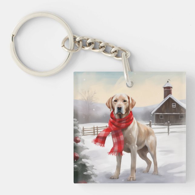 Labrador Dog in Snow Christmas Keychain (Front)