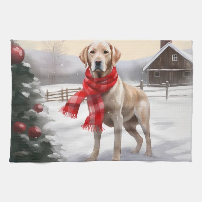 Labrador Dog in Snow Christmas Kitchen Towel (Horizontal)