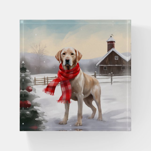 Labrador Dog in Snow Christmas Paperweight (Front)
