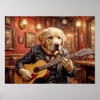 Labrador dog in steampunk dress playing guitar poster