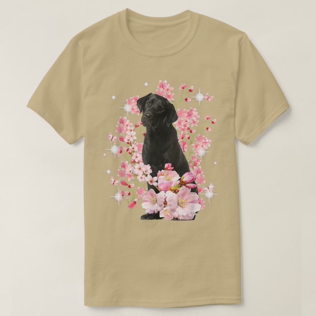 Labrador Dog Japanese Cherry Blossom Sakura Flower T-Shirt (Design Front)