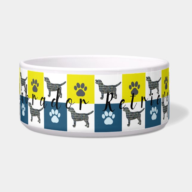 Labrador Dog & Paw Yellow & Blue Grid Dog Bowl (Front)