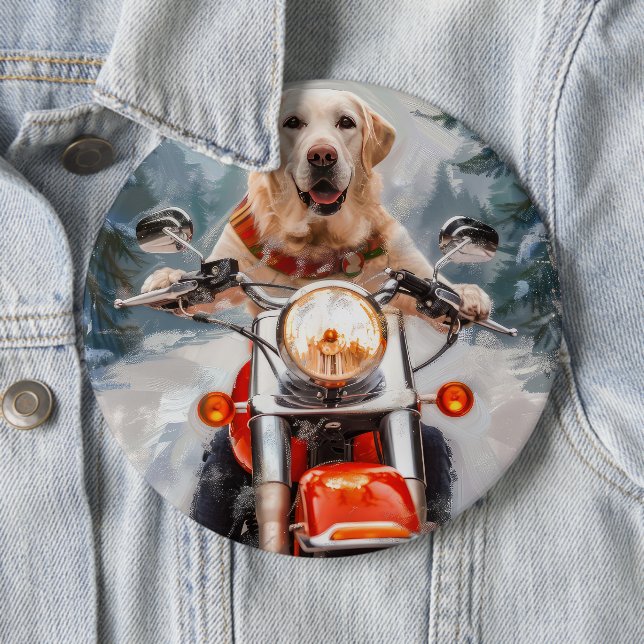 Labrador Dog Riding Motorcycle Christmas Button (In Situ)