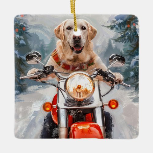 Labrador Dog Riding Motorcycle Christmas Ceramic Ornament