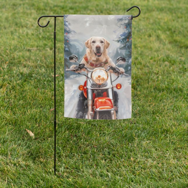 Labrador Dog Riding Motorcycle Christmas Garden Flag (In SItu)
