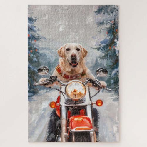 Labrador Dog Riding Motorcycle Christmas Jigsaw Puzzle