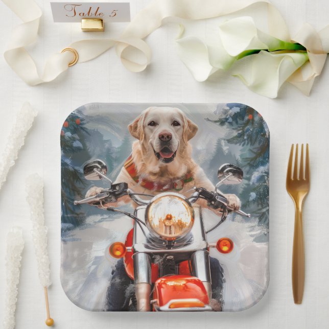 Labrador Dog Riding Motorcycle Christmas Paper Plates (Wedding)