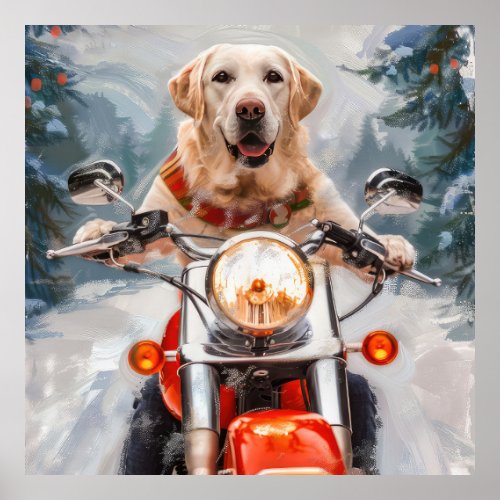 Labrador Dog Riding Motorcycle Christmas Poster