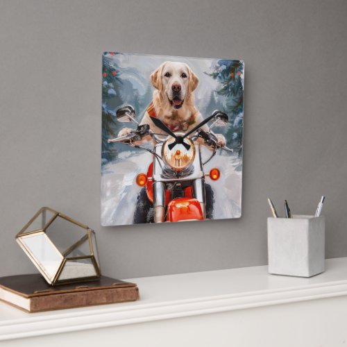 Labrador Dog Riding Motorcycle Christmas Square Wall Clock