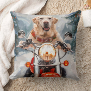 Labrador Dog Riding Motorcycle Christmas Throw Pillow
