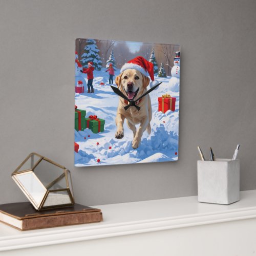 Labrador Dog Running in Snow with Christmas Hat