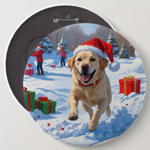 Labrador Dog Running in Snow with Christmas Hat Button