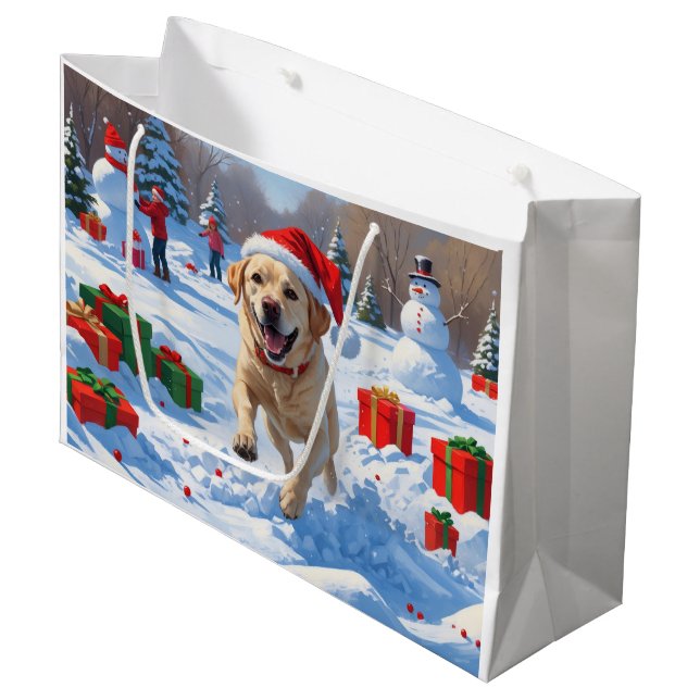 Labrador Dog Running in Snow with Christmas Hat Large Gift Bag (Front Angled)