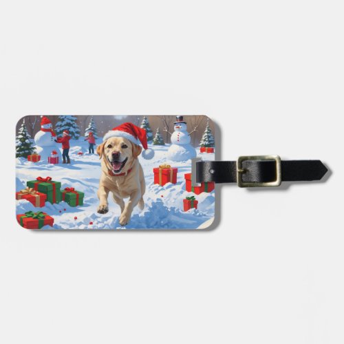 Labrador Dog Running in Snow with Christmas Hat Luggage Tag