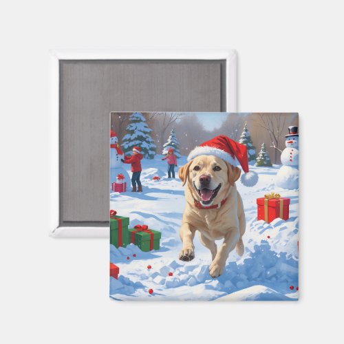 Labrador Dog Running in Snow with Christmas Hat Magnet
