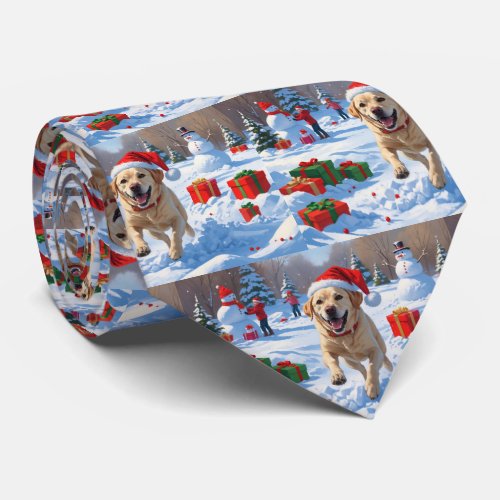 Labrador Dog Running in Snow with Christmas Hat Neck Tie