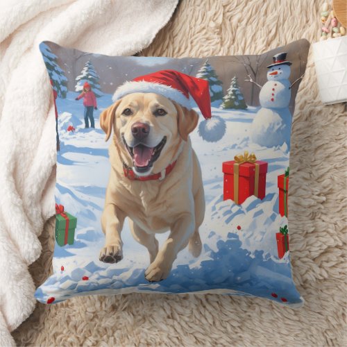 Labrador Dog Running in Snow with Christmas Hat Throw Pillow