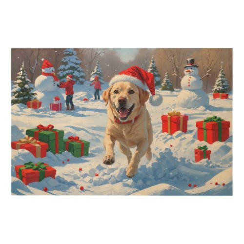 Labrador Dog Running in Snow with Christmas Hat Wood Wall Art