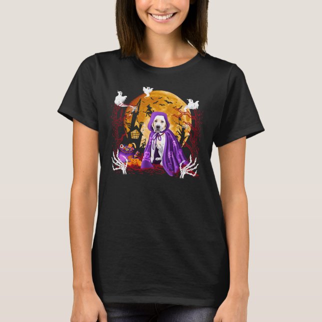 Labrador Dog Wearing Halloween Coat Pumpkin Boo Pu T-Shirt (Front)