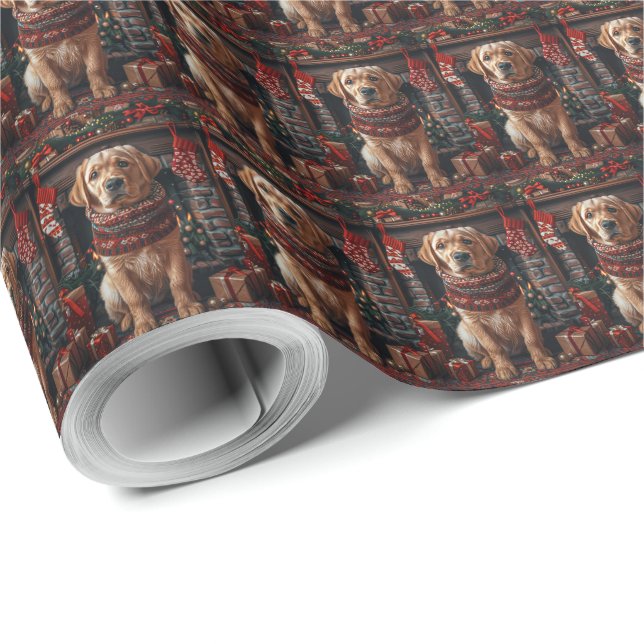 Labrador Dog With Christmas Gifts Fireplace Wrapping Paper (Roll Corner)