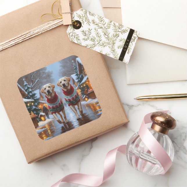 Labrador Dogs Christmas Snow Holiday Square Sticker (Gifting)